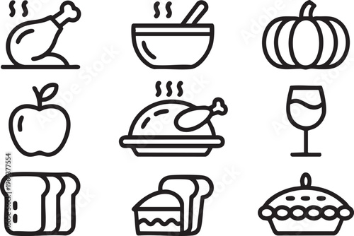 Restaurant food icon pack with kitchen, dining and menu symbols in minimal line style