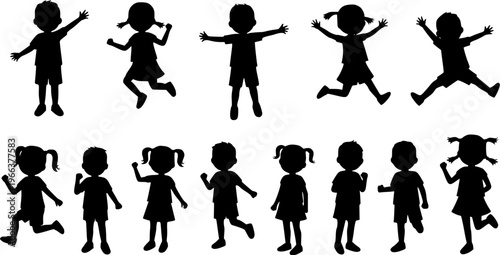 Silhouette of Children Playing, Jumping, and Running, Isolated on White Background