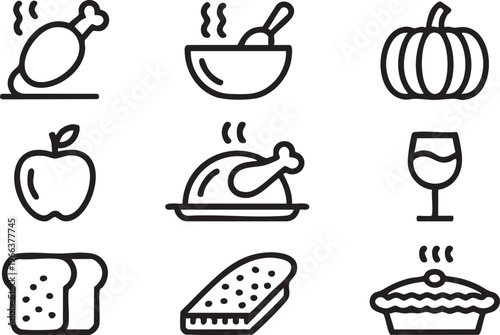 Dining and cooking icon pack with bakery, fruit and drink symbols for branding design