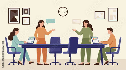 Team collaboration in modern office with laptops and discussion