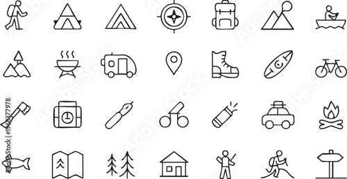 Camping and travel icon pack with mountain, compass and caravan elements in minimal line style