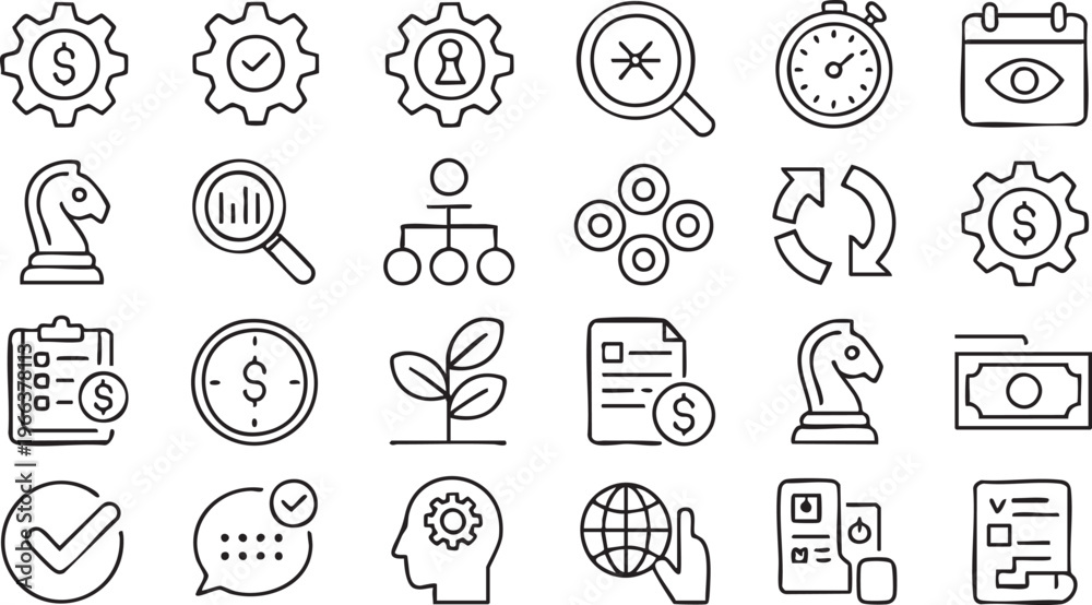 Fototapeta premium Finance and management icon pack with investment, budget and corporate elements in minimal line style