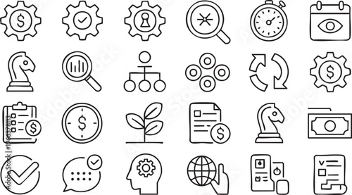 Finance and management icon pack with investment, budget and corporate elements in minimal line style