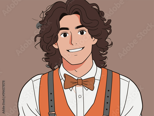 Young man with curly hair and bow tie smiling in orange vest on plain background during daytime