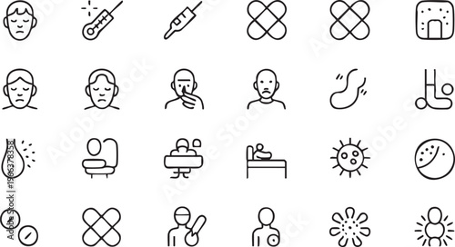 Healthcare icon collection featuring fever, headache, virus and medication concepts for UI design