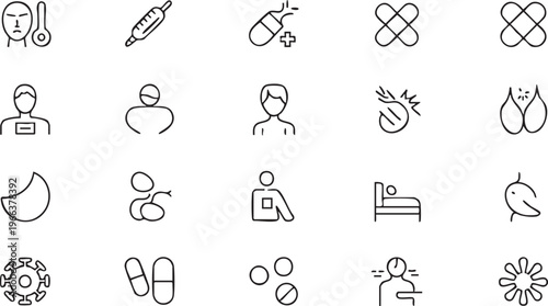 Medical outline icons featuring patient care, diagnosis and therapy concepts for digital use