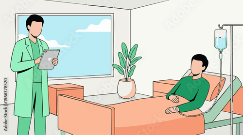 Doctor consulting patient in hospital room with digital tablet