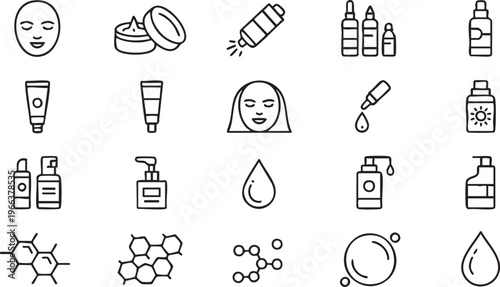 Beauty and skincare icon collection featuring cream, serum and facial treatment symbols for UI design
