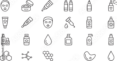 Skincare icon set with beauty, cosmetics and dermatology symbols in clean outline vector style