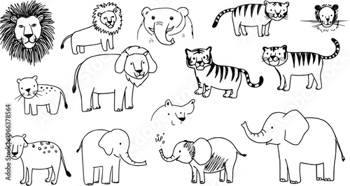 Photography Cute hand-drawn doodle collection of wild safari animals
