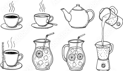 Hand-drawn vector sketch set of various beverages and drink preparation items, including hot coffee, tea, lemonade pitcher, teapot, and blender pouring into a pitcher.
