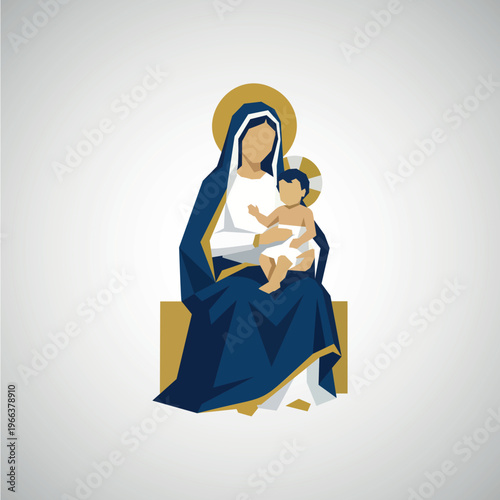 Geometric illustration of Mary holding baby Jesus
