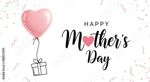 Happy mother's day card with pink heart balloon and gift box