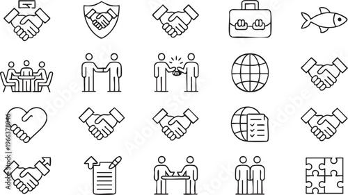 Business collaboration icon pack with partnership, contract and meeting elements in minimal line style