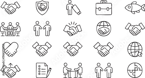 Handshake outline icons featuring trust, cooperation and business deal concepts for digital use