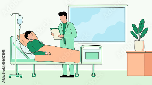Doctor checking on male patient in hospital room, medical care concept.