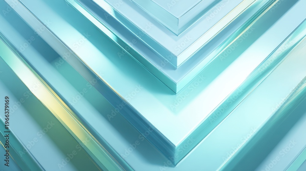 Obraz premium Stacked transparent turquoise glass arrow layers in 3d render. Modern abstract geometric business technology growth progress concept.