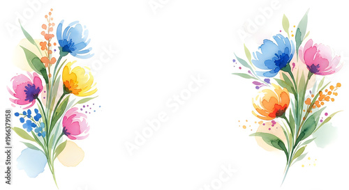 Watercolor floral arrangement two delicate bouquets with vibrant blooms