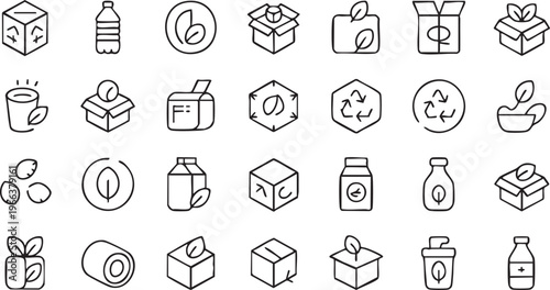 Eco packaging icon set with sustainable, recyclable and green product symbols in clean outline vector style