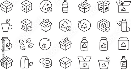 Sustainable packaging icon collection featuring recycle, leaf and eco friendly concepts for UI design