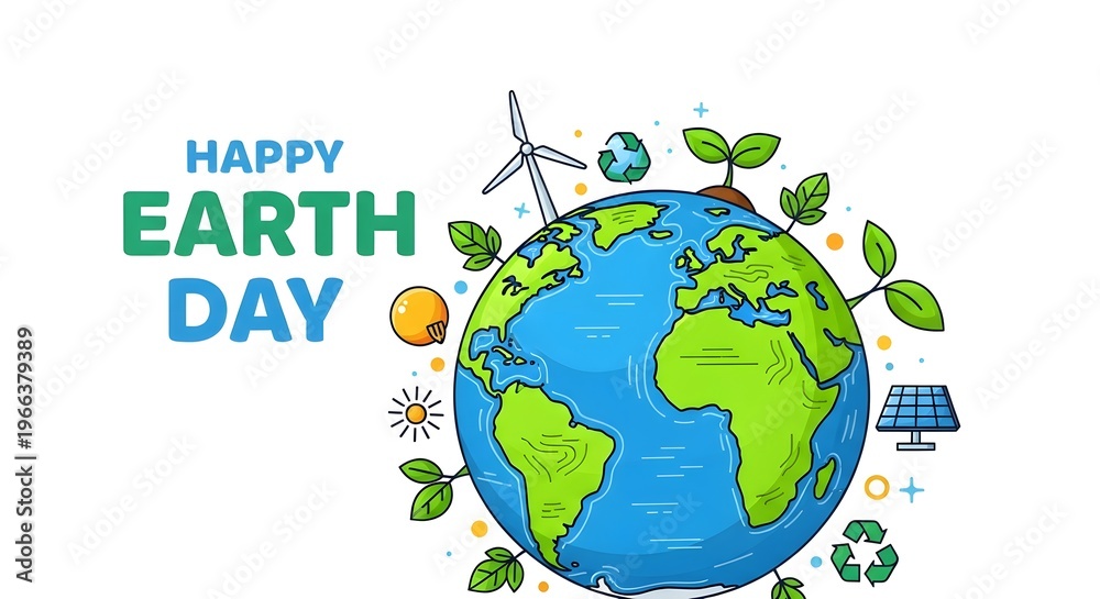 Naklejka premium Happy earth day illustration with globe and ecofriendly symbols