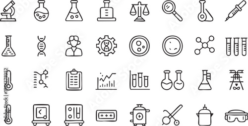 Science lab icon set with chemistry, research and laboratory symbols in clean outline vector style