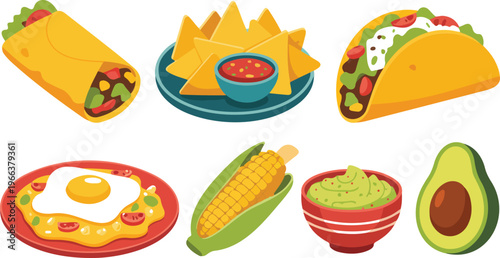 Minimalist flat vector set of Mexican cuisine featuring burrito, hard-shell taco, nachos with salsa, sunny-side-up egg, corn on cob, and guacamole