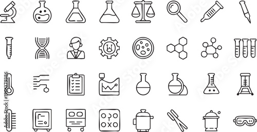 Chemistry lab icon collection with test tube, petri dish and molecule symbols for app design