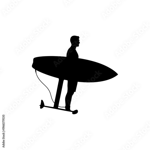 Silhouette of a Surfer Holding a Hydrofoil Surfboard on the Beach Ocean Water Sports