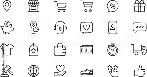 Shopping icon set with ecommerce, retail and online store symbols in clean outline vector style