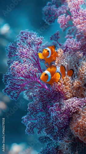 Two bright orange clownfish swimming among purple and blue coral reef underwater. Tropical ocean life concept, marine biodiversity and World Oceans Day theme.