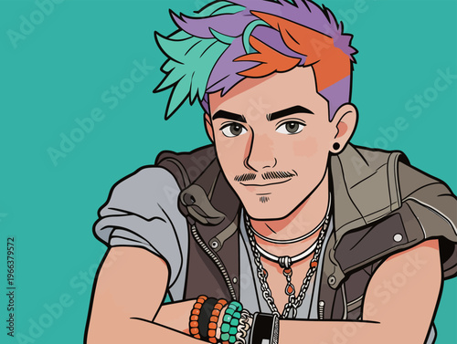 Young man with colorful hair in casual clothes smiling against a bright background in an animated style with accessories on his wrists