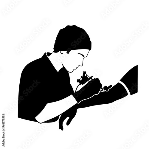 Silhouette of a Tattoo Artist Using a Machine on a Client Arm Body Art and Self Expression