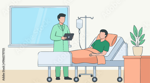 Doctor examining patient in hospital bed, healthcare and medical consultation