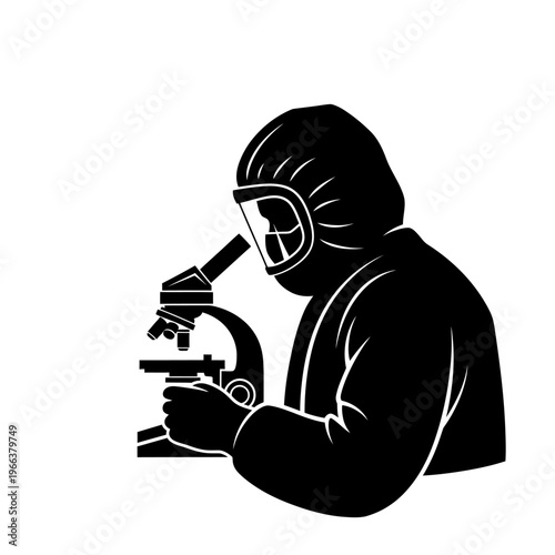 Silhouette of a Virologist in a Hazmat Suit Looking Through a Microscope Pandemic Control