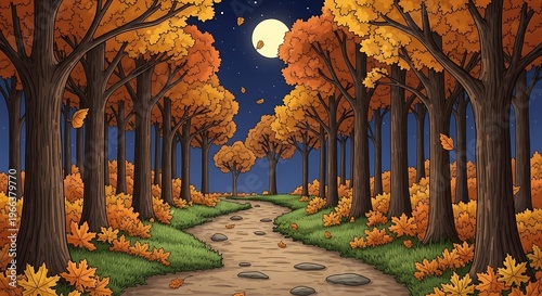 Autumnal Path Under Moonlight - A Serene Forest Landscape.