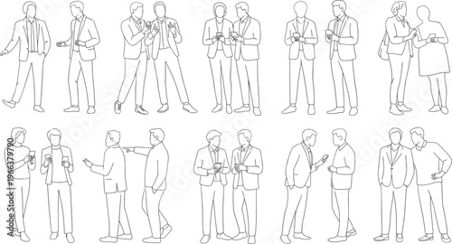 Business men line art set, professional male characters discussing and using smartphones, corporate interaction outline illustration for workplace communication and office scenarios