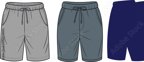 Men casual shorts vector set, modern drawstring sportswear design with front and back views, comfortable summer apparel illustration for fashion and clothing mockups
