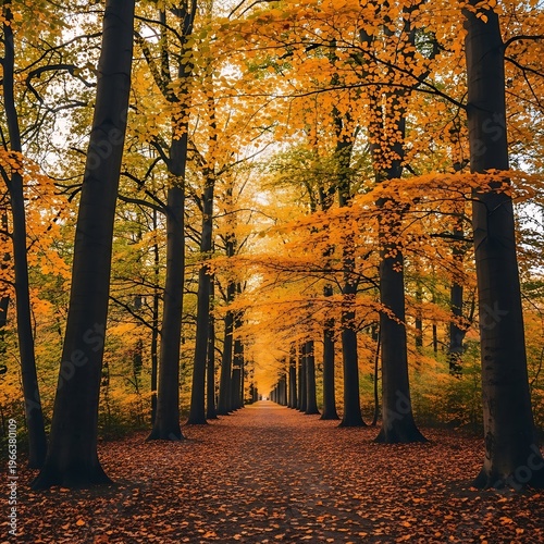 Autumnal Pathway - A Tunnel of Trees in Vibrant Fall Colors.