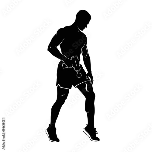 Silhouette of an Athlete Using a Percussive Massage Gun on a Leg Muscle Sports Recovery