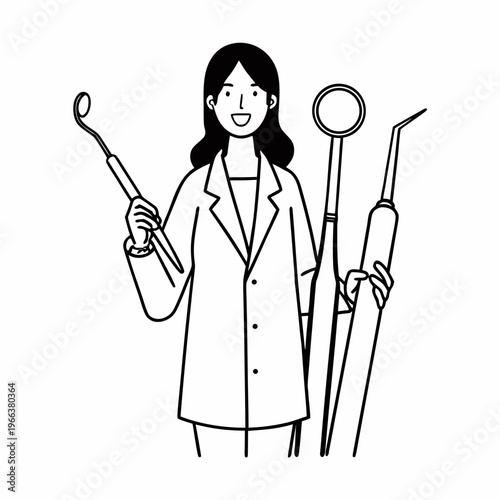 Female Dentist Holding Dental Instruments. Vector Illustrations. EPS Editable