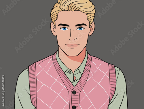 Man in a pink vest shows a simple style with light-colored shirt while posing against a dark background in this graphic art