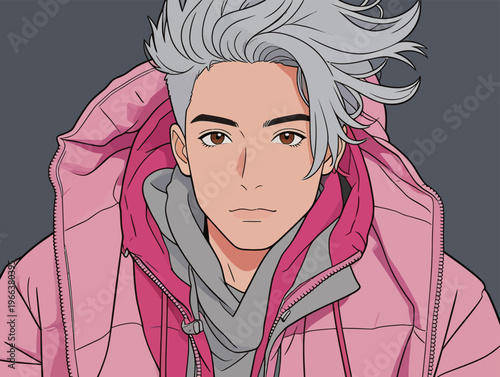 Young person wears pink jacket and grey hoodie with detailed hairstyle and gaze in a plain background