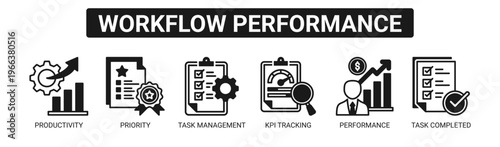 Workflow Performance web banner icon vector illustration concept with icons of productivity, priority, task management, KPI tracking, performance, and task completed.