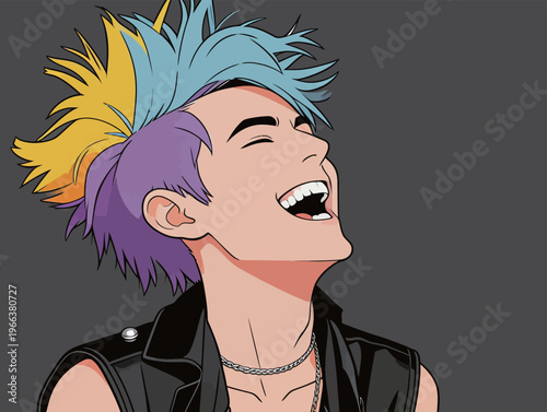 Young person with colorful hair laughing and enjoying life in a simple setting with a plain background