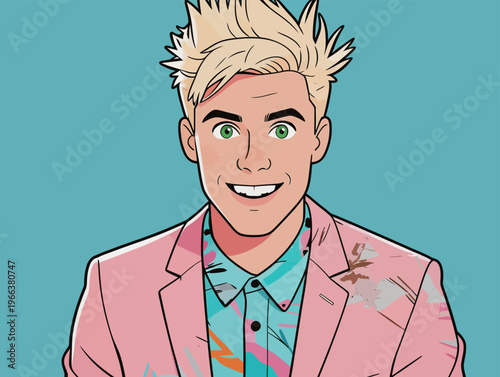 Young man with spiky blonde hair wearing a pink suit and colorful shirt smiles against a bright blue background