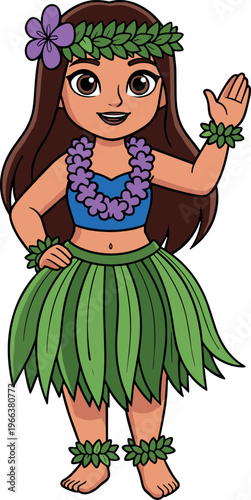"Hula Dancer Character Illustration with Tropical Flower Crown and Grass Skirt for Hawaiian Culture and Dance-Themed Designs"