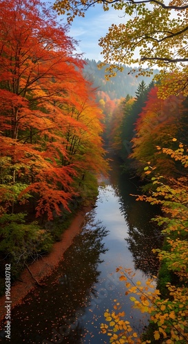 Autumnal River Serenity - A Vibrant Landscape of Fall Colors.