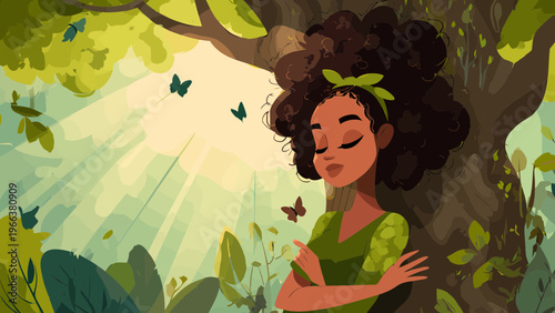 A cartoon vector character of a female environmental activist smiles peacefully in a forest surrounded by lush greenery and butterflies.