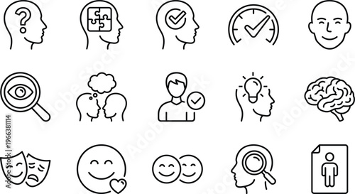 Mental health and psychology line icons set, cognitive brain function, emotional intelligence, logic, problem solving, personality profile, therapy and wellness.